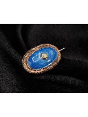 Antique Early 1900s 925 Sterling Silver Blue Enamel Brooch